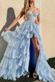 Sky Blue Prom Dress Sequin Tiered A Line Off the Shoulder Evening Dress ZXS2524