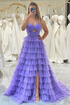 Purple Prom Dress Tulle A Line Long Tiered Evening Dress With Front Slit GJS2271