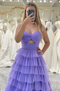 Purple Prom Dress Tulle A Line Long Tiered Evening Dress With Front Slit GJS2271