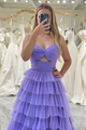 Purple Prom Dress Tulle A Line Long Tiered Evening Dress With Front Slit GJS2271