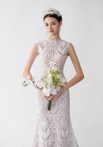 Beautiful Lace Crew Neck Trumpet Wedding Dress GJS2426