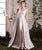 A Line Satin Scoop Appliques Sweep Train Prom Dresses With Slit