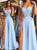 Blue Sweep Train Satin Prom Dresses