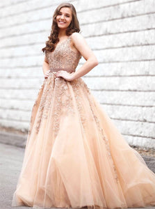 A Line Champagne V Neck Tulle Lace Prom Dresses