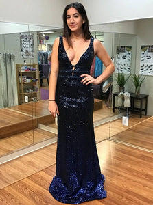 Blue A Line V Neck Open Back Sequined Sweep Train Prom Dresses