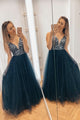 Green Tulle Beads A line V Neck Long Prom Evening Dress GJS335