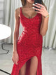 Red Sheath Scoop Sleeveless Lace Prom Dress with Beadings and Slit