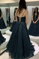 Dark Lace Sequins Deep V Neck Long Prom Dress Evening Gown ZXS211