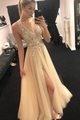 Deep V Neck Beadings Tulle Split Prom Dress LBQ0608