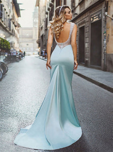 Sweep Train Light Blue Stretch Satin Open Back Beadings Prom Dress