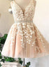 A Line Pink Tulle V Neck Short Homecoming Dress with Appliques LBQH0065