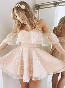 A Line Pink Off the Shoulder Tulle Homecoming Dresses 