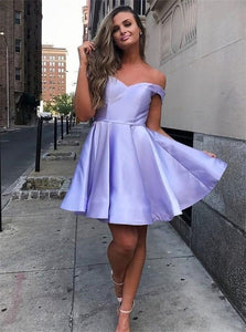 Purple Short Sleeves Mini Satin Prom Dresses