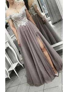 A Line Off Shoulder Tulle Appliques Prom Dresses with Slit