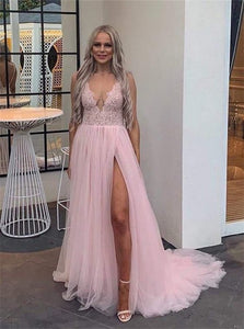 A Line Pink V Neck Tulle Appliques Prom Dress with Slit