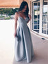 A Line Spaghetti Straps V Neck Satin Pleats Blue Prom Dress LBQ2810