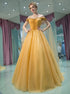 A Line Off the shoulder Yellow Lace Up Rhinestone Prom Dress LBQ2790