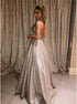 A Line Spaghetti Straps Grey Open Back Prom Dress LBQ2956