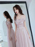 A Line Off the Shoulder Appliques Tulle Pink Prom Dress LBQ1621