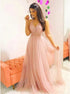 Pink  A Line V Neck Chiffon Prom Dress with Beadings LBQ0686