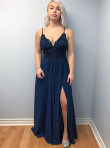 A Line Spaghetti Straps Chiffon Appliques Prom Dresses