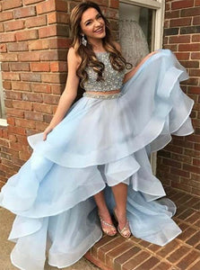 A Line Light Blue Two Piece Beading High Low Chiffon Prom Dresses  LBQ3267