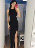 Sheath Round Neck Cut Out Black Satin Long Prom Dress with Split LBQ3095