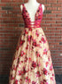 A Line Red Lace V Neck Floral Chiffon Prom Dress LBQ2831