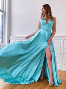 A Line Spaghetti Strap Lace Up Slit Satin Prom Dresses 