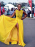 A Line Scoop Embroidery Yellow Chiffon Prom Dress with Slit LBQ2791