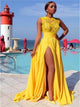 Sweep Train Yellow Evening Dresses with Slit