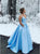 A Line V Neck Satin Sleeveless Long Light Blue Prom Dress with Beading