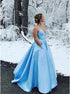 A Line V Neck Satin Sleeveless Long Light Blue Prom Dress with Beading LBQ3104