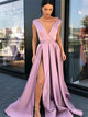 V Neck A Line Slit Satin Prom Dresses