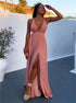 A Line Deep V Neck Pink Chiffon Criss Cross Prom Dress with Split LBQ2958