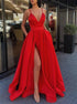 A Line Spaghetti Straps Side Slit Satin Prom Dresses LBQ2108