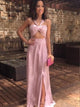 Halter Sweetheart Slit A Line Satin Prom Dresses 