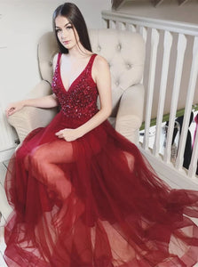 Burgundy A Line V Neck Beaded Tulle Prom Dresses