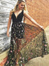 A Line V Neck Black Flowers Tulle Prom Dress LBQ2832