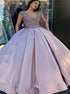 Ball Gown Cap Sleeves Beaded V Neck Purple Prom Dress LBQ2207