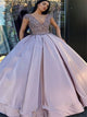 Ball Gown Cap Sleeves Beaded V Neck Purple Prom Dress 