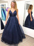 A Line Spaghetti Straps V Neck Tulle Navy Blue Criss Cross Prom Dresses LBQ2208