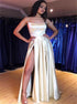 A Line Spaghetti Straps  Lace Up Satin Prom Dresses with Slit LBQ2959