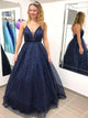 Sweep Train Navy Blue Shimmering Evening Dresses