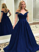 A Line Off the Shoulder Navy Blue Prom Dresses