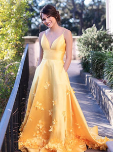 A Line Spaghetti Straps V Neck Yellow Satin Prom Dresses