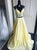 A Line Spaghetti Straps V Neck Satin Prom Dresses with Lace Top