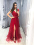 Red A Line V Neck Tulle Belt Prom Dresses with Slit LBQ3238