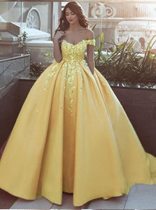 Yellow Sweep Train Sleeveless Prom Dresses