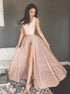 A Line Two Piece Scoop Pink Chiffon Prom Dress with Slit LBQ2798